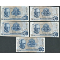 -74- Lott 5 stk. 10 kroner 1979H, erst, VK - Erstatningssedler. HA, HB, HC, HD, HE

Kv. 1/1- til 1/1+ / Numisma Mynthandel A/S: kr.  1,-