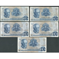 -75- Lott 5 stk. 10 kroner 1979H, erst, VK - Erstatningssedler. HB, HD, HG, HJ, HK

Kv. 1/1-, fl. til 1/1+ / Numisma Mynthandel A/S: kr.  32,-