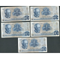 -76- Lott 5 stk. 10 kroner 1979H, erst, VK - Erstatningssedler. HG, HJ, HL, HM, HW

Kv. 1/1-, fl til 1/1+ / Numisma Mynthandel A/S: kr.  3,-