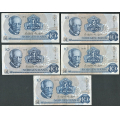 -77- Lott 5 stk. 10 kroner 1979H, erst, VK - Erstatningssedler. HL, HO, HW, HY, HZ

Kv. 1/1- til 1+/01. / Numisma Mynthandel A/S: kr.  47,-