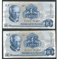 -1- Lott 2 stk. 10 kr. 1981H, erst, kv.1 - Erstatningssedler. HS, HP. / Numisma Mynthandel A/S: kr.  2,-