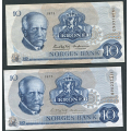 -8- Lott  2 stk. 10 kr. 1975QN & -73QV, erst, VK - Erstatningssedler. 

Kv. God 1 & 1+ / Numisma Mynthandel A/S: kr.  2,-