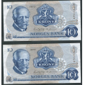 -9- Lott  2 stk. 10 kr. 1973QV, VK - Erstatningssedler. 2x i rekkeflge (0234088-89)

Kv. 1+ / Numisma Mynthandel A/S: kr.  53,-