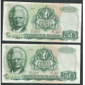 -28- Lott 2 stk. 50 kr. 1977 Z-0, erst, kv. 1 og 1- - Presset. Erstatningssedler. / Numisma Mynthandel A/S: kr.  1,-