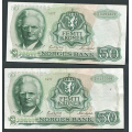 -29- Lott 2 stk. 50 kr. 1977 Z-0, erst, VK - Kv. 1 og 1/1+. Presset. Erstatningssedler. / Numisma Mynthandel A/S: kr.  145,-