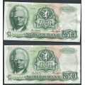 -30- Lott 2 stk. 50 kr. 1979 Z-0, erst, VK - Kv. 1. Presset. Erstatningssedler. / Numisma Mynthandel A/S: kr.  1,-