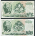 -31- Lott 2 stk. 50 kr. 1979 Z-0 , erst, VK - Kv. 1 & 1/1-, liten rift. Presset. Erstatningssedler. / Numisma Mynthandel A/S: kr.  4,-