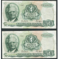 -32- Lott 2 stk. 50 kr. 1980 Z-0 , erst, VK - Kv. 1 & god 1. Presset. Erstatningssedler. / Numisma Mynthandel A/S: kr.  234,-