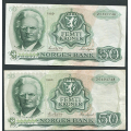 -33- Lott 2 stk. 50 kr. 1980 Z-0, erst, VK - Presset. Erstatningssedler.

Kv. 1 til 1/1+. / Numisma Mynthandel A/S: kr.  136,-