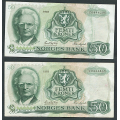 -34- Lott 2 stk. 50 kr. 1981 Z-0 , erst, VK - Presset. Erstatningssedler.

Kv. 1 til 1/1+. / Numisma Mynthandel A/S: kr.  3,-