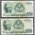 -35- Lott 2 stk. 50 kr. 1981 Z-0, erst, VK - Presset. Erstatningssedler.

Kv. 1/1- og 1-. / Numisma Mynthandel A/S: kr.  1,-