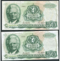 -42- Lott 2 stk. 50 kr. 1983 Z-0, erst, VK - Presset. Erstatningssedler.

Kv. 1/1- til 1- / Numisma Mynthandel A/S: kr.  234,-