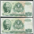 -43- Lott 2 stk. 50 kr. 1983 Z-0, erst, VK - Presset. Erstatningssedler.

Kv. 1/1- til 1- / Numisma Mynthandel A/S: kr.  42,-