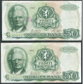 -44- Lott 2 stk. 50 kr. 1983 Z-0, erst, VK - Presset. Erstatningssedler.

Kv. 1- og 1-, flekker / Numisma Mynthandel A/S: kr.  234,-