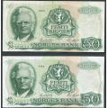 -47- Lott 2 stk. 50 kr. 1983 Z-0, erst, VK - Presset. Erstatningssedler.

Kv. 1- og 1/1+ / Numisma Mynthandel A/S: kr.  1,-