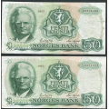 -48- Lott 2 stk. 50 kr. 1983 Z-0, erst, VK - Presset. Erstatningssedler.

Kv. 1- / Numisma Mynthandel A/S: kr.  234,-