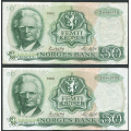 -49- Lott 2 stk. 50 kr. 1983 Z-0, erst, VK - Presset. Erstatningssedler.

Kv. 1/1- til 1- / Numisma Mynthandel A/S: kr.  234,-