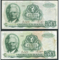 -52- Lott 2 stk. 50 kr. 1983 Z-0, erst, VK - Presset. Erstatningssedler.

Kv. 1/1-, svak graffiti, liten rift & 1-, flekker / Numisma Mynthandel A/S: kr.  234,-