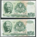 -53- Lott 2 stk. 50 kr. 1983 Z-0, erst, VK - Presset. Erstatningssedler.

Kv. 1/1- / Numisma Mynthandel A/S: kr.  234,-