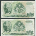 -59- Lott 2 stk. 50 kr. 1971X, erst, VK - Presset. Erstatningssedler. S-seddel.

Kv. 1- og 1/1-, liten rift nede. / Numisma Mynthandel A/S: kr.  234,-