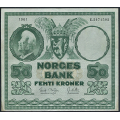 -20- 50 kroner 1961E, kv. 1+, sv. flekk rev. - Presset. Flekk bak. / Numisma Mynthandel A/S: kr.  3,-