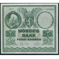 -39- 50 kroner 1957C, kv. 1/1+ - Presset. Vannmerke type 2 / Numisma Mynthandel A/S: kr.  17,-