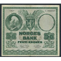 -6- 50 kroner 1957C, kv. 1/1-, sm bretterifter - Presset. Vannmerke type 1. / Numisma Mynthandel A/S: kr.  1,-